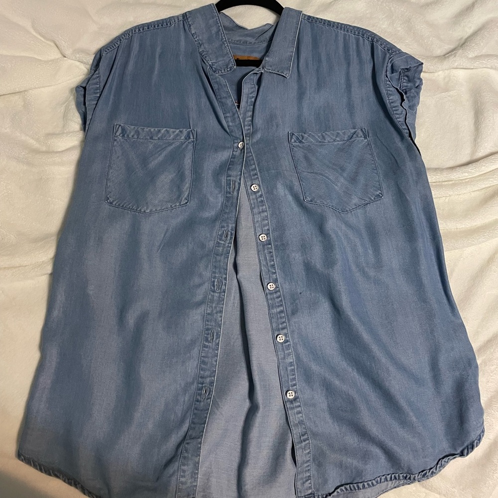 Denim colored button up shrug shoulder top